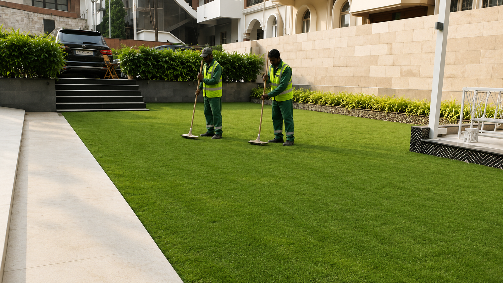 Workers laying grass
